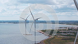 Aerial view of the wind turbines. Green ecological power energy generation.