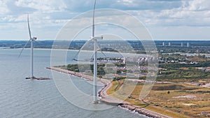 Aerial view of the wind turbines. Green ecological power energy generation.