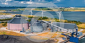 Aerial view of the wind turbines. Green ecological power energy generation. Wind farm eco field.