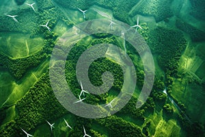 aerial view of wind turbines in a green field