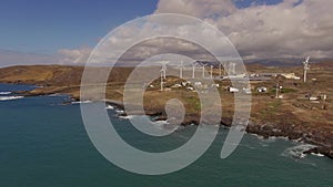 Aerial view of wind turbines producing clean sustainable energy