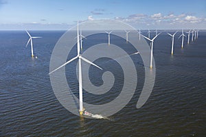 Aerial view of wind turbines at sea, North Holland