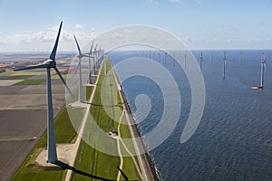 Aerial view of wind turbines at sea, North Holland
