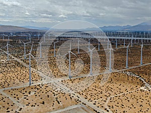 Aerial view of wind turbines spreading over the desert in Palm Springs wind farm