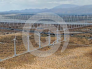 Aerial view of wind turbines spreading over the desert in Palm Springs wind farm