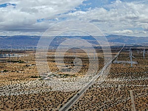 Aerial view of wind turbines spreading over the desert in Palm Springs wind farm