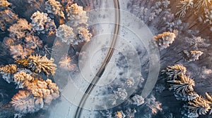 Aerial view of winding asphalt road on sunny winter morning in cold frosty forest area, drone view