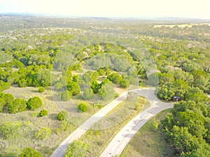Aerial view winding country road in Hill Country, Texas, USA