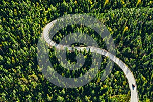 Aerial view of winding forest road in summer Finland