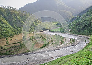 Aerial view of winding ganga river through uttaranchal himalay photo