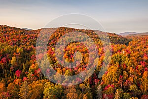 Aerial view of winding river in Laurentian mountains, Quebec, Canada during the fall