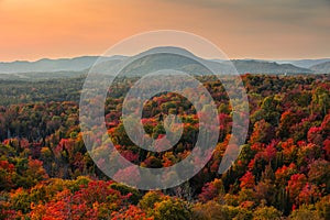 Aerial view of winding river in Laurentian mountains, Quebec, Canada during the fall