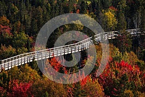 Aerial view of winding river in Laurentian mountains, Quebec, Canada during the fall foliage season