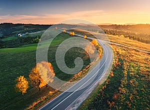 Aerial view of winding road in autumn forest at sunset