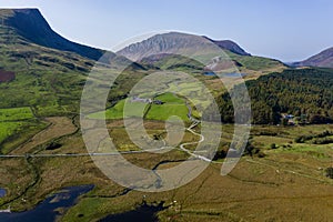 Aerial view of a winding road through beautiful mountainous scenery Rhyd Ddu, Snowdonia, Wales