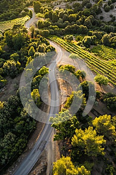 Aerial view of a winding road in the countryside