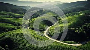 Aerial view of a winding road on a high-altitude tea plantation on a sunny day. Bright green tea bushes of bizarre shape