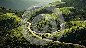 Aerial view of a winding road on a high-altitude tea plantation on a sunny day. Bright green tea bushes of bizarre shape