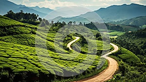 Aerial view of a winding road on a high-altitude tea plantation on a sunny day. Bright green tea bushes of bizarre shape create a
