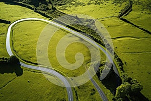 Aerial view of a winding road in the middle of a green field, Road in the countryside of Waikato aerial drone view, AI Generated