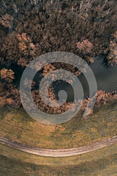 Aerial view of winding road and swampy river oxbow landscape, top view from drone pov