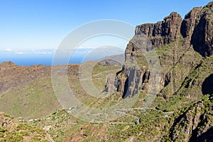 Aerial view of winding road to Masca village on Tenerife