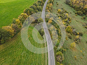 Aerial view of a winding road between trees in the countryside in autumn