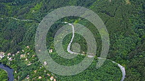 Aerial view of winding road trough the dense woods