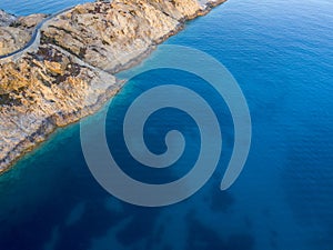 Aerial view of winding roads of the French coast. Corsica. France