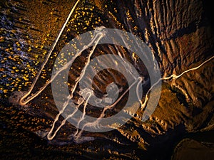 Aerial view of winding roads in katu yaryk pass, altai during autumn