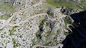 Aerial view winding serpentine road at Mallorca isle