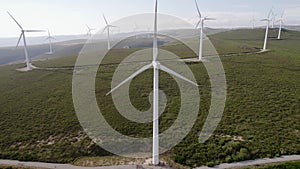 Aerial view of windmill farm for energy production. Wind turbines generating clean renewable energy