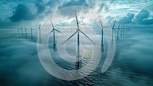 This is an aerial view of a windmill park in the ocean with a wind turbine in Flevoland Netherlands, Ijsselmeer. A green