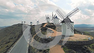 Aerial view windmills in Consuegra town, symbol of Castilla-La Mancha. Spain