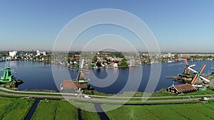 Aerial view of windmills in Zaanse Schans, Zaandam near Zaandijk and Amsterdam Netherlands. l