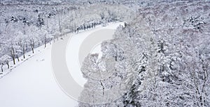 Aerial view of winter beautiful landscape with trees covered with hoarfrost and snow. Winter scenery from above. Landscape photo