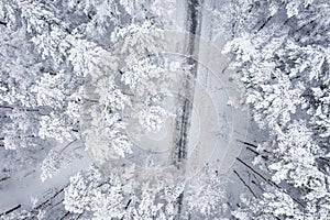 Aerial view of winter beautiful landscape with trees covered with hoarfrost and snow. Winter scenery from above. Landscape photo