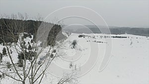 Aerial view of winter coniferous forest. Clip. snow falling on a rural road with parked cars near snow covered white