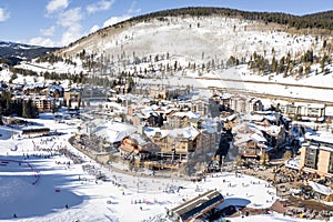 Aerial view winter recreation and sports in Copper Mountain in Colorado