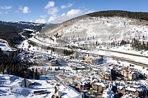 Aerial view winter recreation and sports in Copper Mountain in Colorado