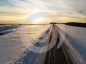 Aerial view of a winter road