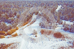 Aerial view of the winter snow covered forest and frozen lake from above captured with a drone