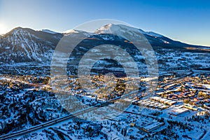 Aerial view winter wonderland sunset in Frisco Colorado