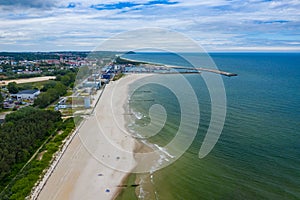 Aerial view of Wladyslawowo marina, port and beach. Pomerania, Poland