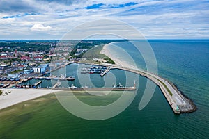 Aerial view of Wladyslawowo marina, port and beach. Pomerania, Poland