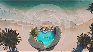 Aerial view of woman swims at heart shape swimming pool with sea view at tropical beach.