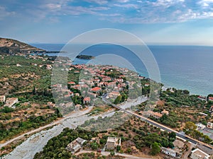 Aerial view of the wonderful seaside village of Kardamyli, Greece located in the Messenian Mani area, Greece