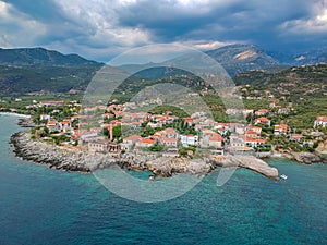 Aerial view of the wonderful seaside village of Kardamyli, Greece located in the Messenian Mani area. One of the most beautiful