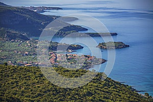 Aerial view of the wonderful seaside village of Kardamyli, Greece located in the Messenian Mani area. It`s one of the most