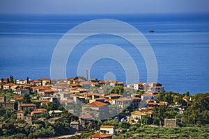 Aerial view of the wonderful seaside village of Kardamyli, Greece located in the Messenian Mani area. It`s one of the most